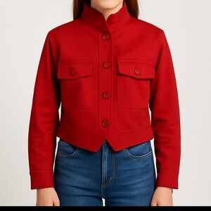 Signature Red Wool Cropped Jacket Button Front Utility Style Sz 8